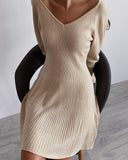Fashionkova  2022 Winter Knitted Long Sleeve Dresses Women Soft Lazy V-Neck Sweater Sexy Pit Streaks Flexible Ladies Vestidos Clothes