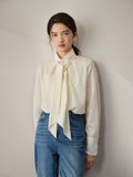 Fashionkova French Style Streamer Lace-up Shirt for Women Design Sense 2023 Autumn New Half-high Collar Texture Top Shirt for Female