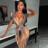 Fashionkova  Sexy Bandage Dress Waist Illusion Dress 2022 Women V-Neck Maxi Dresses Ladies Tie-Dye Wave Print Party Dresses Tight Dresses