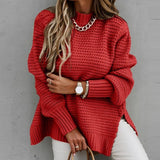 Fashionkova  Women Sweater 2022 Autumn Winter Casual Solid Color Long Lantern Sleeve Pullover Female Fashion Side Slit Loose Knitted Sweaters