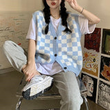 Fashionkova  Korean Style Checkerboard Knitted Sweater Vest Women V-Neck Oversized Plaid Preppy Fashion Sleeveless Knitwear Jacket