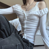 Fashionkova Y2K Cute Skinny White Women T-shirts Folds Frill Basic Long Sleeve Crop Tops Pins Up Hook Korean Tee Shirts Basic New