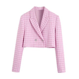 Fashionkova  Elegant Women Pink Houndstooth Tweed Blazer Jacket 2022 Spring Sweet Girls Pearl Buttons High Waist Straight Skirt Shorts