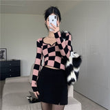 Fashionkova  Y2K Korean Style Plaid Pink Cropped Sweater Womens Harajuku White Knitted Crewneck Jumper Pullover Female Slim Sexy Top