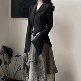 Fashionkova  Gothic Black Shirts Irregular Yamamoto Style Flare Sleeve Blouse Dark Aesthetic Grunge Clothes Harajuku Mall Goth Tops
