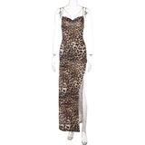 Fashionkova  Sexy Women Chain Strap Side Slit Maxi Dress Summer Leopard Print Backless Long Dresses Ladies Zebra Print Prom Dress Robe Longue