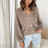 Fashionkova  Casual V-Neck Knitted Cardigans Women Lantern Sleeve Mohair Sweater 2022 Autumn Winter Female Solid Color Cashmere Jumpers
