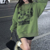 Fashionkova  Korean Style Print Green Hoodie Women Oversize Sweatshirt Female Harajuku Fashion Long Sleeve Pullover O-Neck Tracksuit