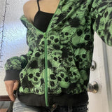 Fashionkova  Y2K Emo Women Streetwear Green Gothic Skull Sweatshirt Hip Hop Graphic Aesthetic Grunge Zip Up Hoodie Tops Jacket Alt Clothes