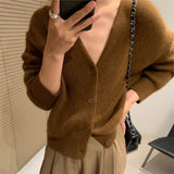 Fashionkova  Autumn Winter New Cashmere Cardigan Women V-Neck Korean Blouse With Loose Languid Sweater Solid Color Coat