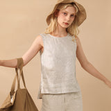 Fashionkova 100% Linen Retro Striped Women Tank Top Summer New Casual Breathable Refreshing Thin Ladies Tops
