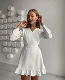 Fashionkova Casual V Neck Bandage Ruffles Sweet Dress Summer Fashion Long Sleeve High Waist A Line Mini Dresses For Women 2022
