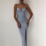 Fashionkova  2022 Spring Summer Spaghetti Strap Split Backless Midi Dress Women Sexy V Neck Sleeveless Bodycon Long Party Dresses