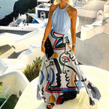 Fashionkova  Sexy Women Sleeveless Pleated Maxi Dresses Summer Halter O Neck Long Dress Boho Printed Beach Sundress Party Dress Robe De Plage