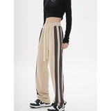 Fashionkova  Khaki Womans Sweat Pants High Waist Summer Vintage Straight Trouser American Style Stripe Baggy Wide Leg Drawstring Sweat  Pants