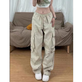 Fashionkova  American Y2K White Vintage Cargo Jeans Fashion Pocket High Waist Straight Pants High Street Baggy Wide Leg Denim Trouser Ladies