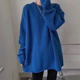 Fashionkova  Senior 100% Pure Cashmere Sweater Women Klein Blue Sweater Round Neck Loose Thickened Medium Long Knitted Sweater