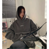 Fashionkova   Korean Fashion Grey Fleece Thicken Baggy Pullover Pocket Letter Printing Sweatshirt Lazy Casual Raglan Sleeves Hoodie Autumn