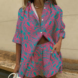 Fashionkova   Summer Casual Print Two Piece Set Women Fashion Short Sleeve Shirt Mini Shorts Suit Female 2022 Lady Loose Sportswear Outfits