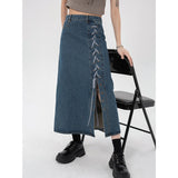 Fashionkova  2022 Summer Vintage Blue Women Denim Skirt Streetwear American Y2k Style Casual High Waist Bandage Ladies Mid Length Jeans Skirt