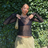 Fashionkova  Y2K Hollow Out Cropped Knit Smock Top Women Vintage Loose Distressed Crochet Pullovers Crop Tops Fairy Grunge Sweater Cover-Up
