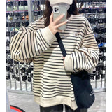 Fashionkova  2024 Autumn Oversized Hoodies Women Harajuku Gothic Stripe Cotton Hoodie Clothes Long Sleeve Korean Thin Sweatshirt Black Tops