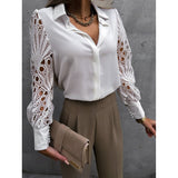 Fashionkova  Lace Blouse For Women Elegant Hollow Out Embroidery Flower Petal Sleeve Patchwork V Neck Shirt Femme Spring Autumn Blusas Tunic