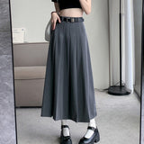 Fashionkova Grey Long Pleated Skirt Women Autumn 2023 Casual Vintage High Waist A-line Midi School Skirt for Girls Korean Style