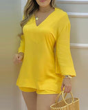 Fashionkova  Women Sexy V-Neck Solid Color Set 2023 Summer Street Suit Suit Women Flared Sleeves Long Casual Loose Tops & Shorts Sets
