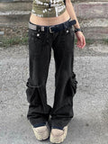 Fashionkova Grunge Gothic Low Waist Cargo Jeans Women Dark Pockets Punk Straight Leg Baggy Trousers Y2K Solid Retro Pants Clothes