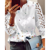 Fashionkova  2022 Spring New Women Butterfly Print Blouses Top Fashion Casual Elegant White Ruffled Trim Long Lace Sleeve Woman Shirt