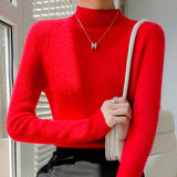 Fashionkova  2022 Autumn/Winter Slim And Versatile Woolen Knit Women's Commuter Half Turtleneck Pullover Cashmere Top In Solid Color