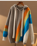 Fashionkova  Autumn/Winter 2022 New Rainbow Inlaid Loose And Thick Hooded 100% Pure Cashmere Sweater Women's Hoodie Long Sleeve