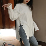 Fashionkova  2022 Spring Split Side Button White Black Long Tshirt O-Neck Women Shirts Autumn Arrival Harajuku Solid Oversized T Shirt Tops