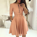Fashionkova  Elegant Women Solid Half Sleeve Party Dress Autumn Casual Zipper Knee-Length Midi Dresses Ladies Big Swing Club Dress Vestidos