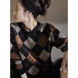 Fashionkova  Rhomboid Knitted Patchwork Colored Thickened Woolen Sweater For Women's Autumn/Winter Round Neck Loose Cashmere Sweater