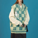 Fashionkova  Korean Style Plaid Green Sweater Vest Women Vintage Cartoon Print  Knitted Jumper Female Sleeveless V-Neck Autumn Tops