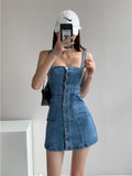 Fashionkova   Women Denim Dress Summer New Sexy Straps Skinny Short Skirt Blue Korean Fashion Classic Streetwear One Word Collar Jean Dress