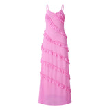 Fashionkova Elegant Women Sleeveless Strap Ruffle Sling Long Dress V-neck Summer Beach Side Split Party Evening Vestido