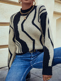 Fashionkova  Black Beige Patchwork Knit Colorblock Strips Long Sleeves O Neck Loose Fitting Autumn Winter 2022 Women Pullover Sweater