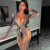 Fashionkova  Sexy Bandage Dress Waist Illusion Dress 2022 Women V-Neck Maxi Dresses Ladies Tie-Dye Wave Print Party Dresses Tight Dresses