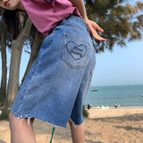 Fashionkova  Blue Women's Straight Knee Length Shorts Jeans High Waist Street Vintage Pants Chic Design Casual Ladies Denim Wide Leg Shorts