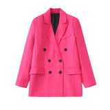 Fashionkova  Stylish Purple Double Breasted Women Classic Blazer Jacket Pockets 2022 New Office Lady Solid Colar Button Up Coat