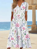 Fashionkova  Women Casual V Neck Short Sleeve Maxi Dress Fashion Print Long Dress Ladies A Line Dress Sundress Summer Loose Beach Cover Up