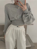 Fashionkova  Korean Fashion Gray Hoodies Women Harajuku High Waist Cropped Sweatshirts Loose All-Match Pullover Tops Kpop Streetwear