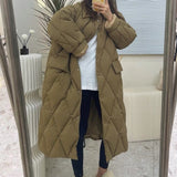 Fashionkova  Winter Korean Style Long Cotton-Padded Coat Women's Casual Stand-Up Collar Argyle Pattern Oversized Parka Chic Jacket