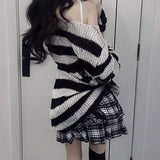 Fashionkova  Punk Gothic Long Sweater Women Dark Aesthetic Striped Pullovers Hollow Out Oversized Grunge Jumpers Emo Alt Clothes Y2k