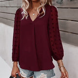 Fashionkova  White Tops And Blouses For Women Casual Polka Dot 2022 Spring Autumn Chiffon Tunic Blusas Solid V Neck Puff Long Sleeve Clothes