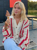 Fashionkova  2022 Autumn Knitted Long Sleeve Cardigan Women Red Stripe Loose V Neck Oversized Sweater Tops Fashion Casual Pullover