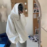Fashionkova   Korean Fashion Grey Fleece Thicken Baggy Pullover Pocket Letter Printing Sweatshirt Lazy Casual Raglan Sleeves Hoodie Autumn